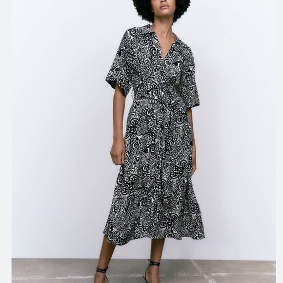 ZARA PRINTED SHIRT DRESS BLACK WHITE 1165/179 MIDI DRESS L NWT - Picture 1 of 7